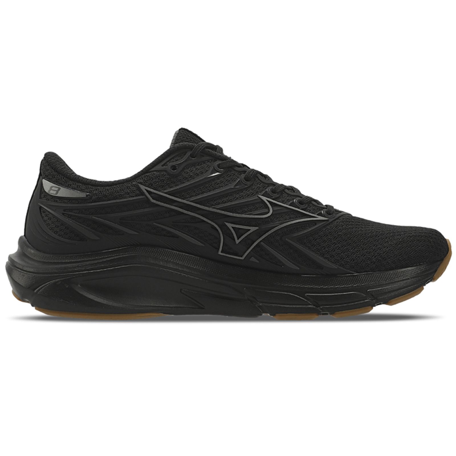 Perfil lateral esquerdo do Tênis Mizuno Jet 8 masculino preto mostrando cabedal em mesh com overlays sintéticos e entressola preta