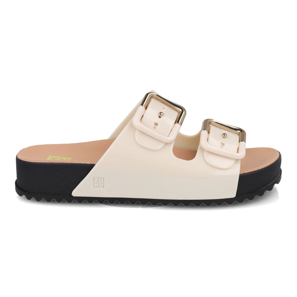Papete Zaxy Fivelas Duplas Feminino Off White com detalhes em dourado, mostrando o calçado com duas fivelas e sola preta.