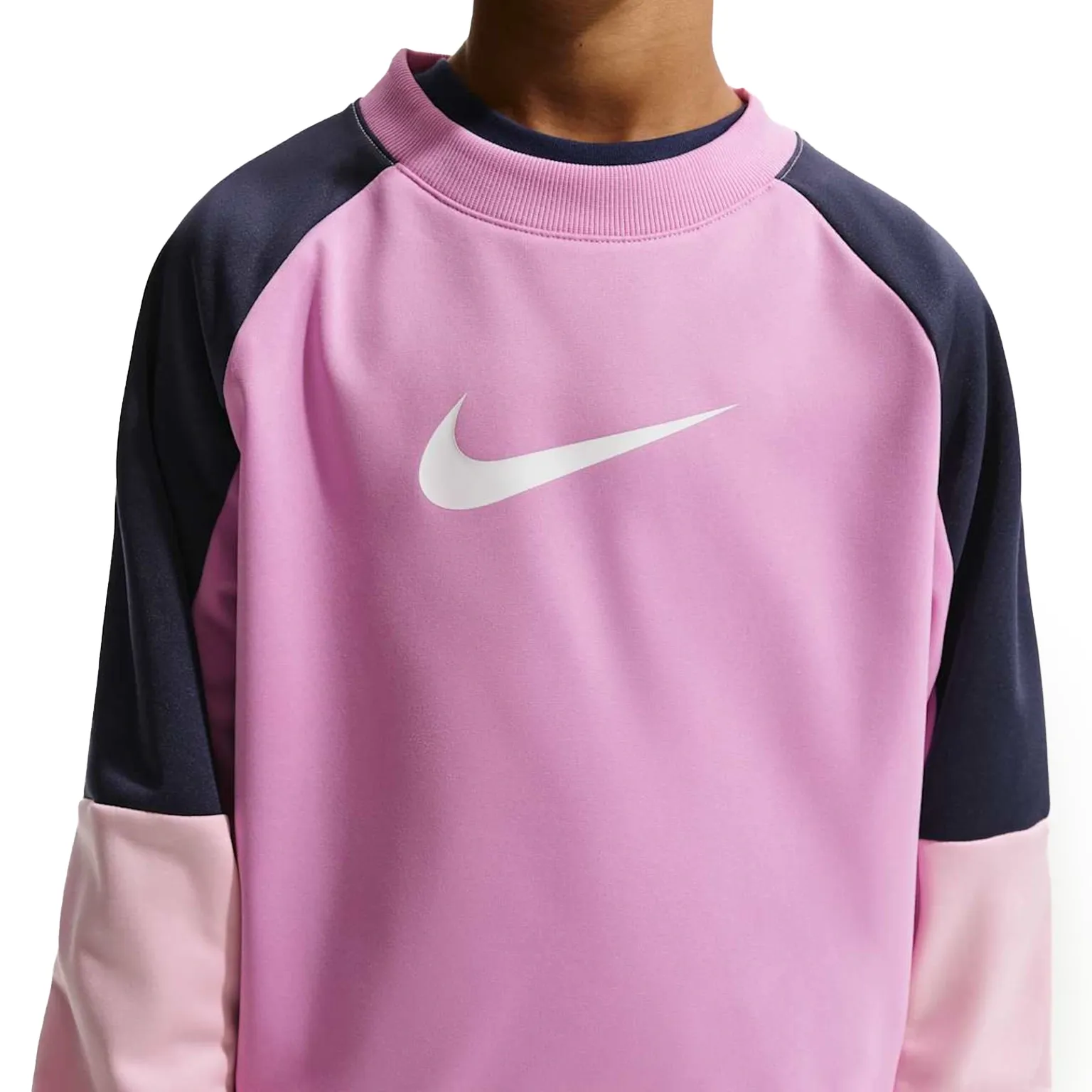 Blusa esportiva infantil Nike rosa com detalhes azul e branco vista frontal