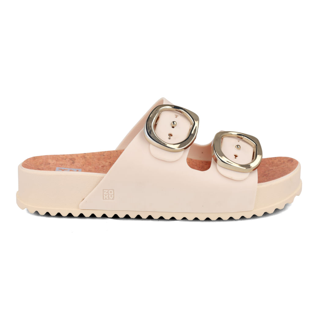 Papete Zaxy Slide Cortiça Partner Soft Feminino Off White vista frontal com tiras largas e fivelas metálicas