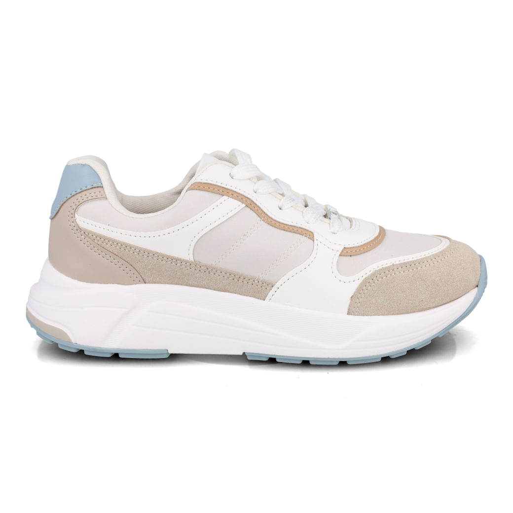 Tênis Vizzano Feminino branco com detalhes em bege, azul e cinza, design moderno e fechamento em cadarço branco