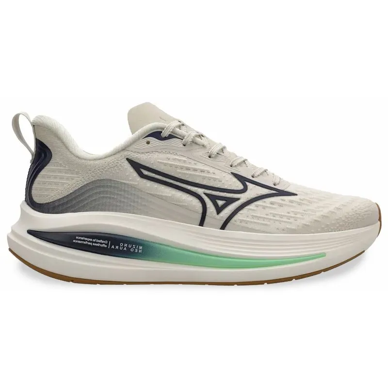 Tênis Mizuno Neo Aura masculino bege com detalhes em azul e verde, vista lateral mostrando design moderno e solado de borracha