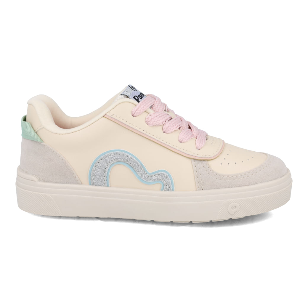 Tênis infantil Pampili Life Colorido com detalhes em azul e rosa, vista frontal e lateral