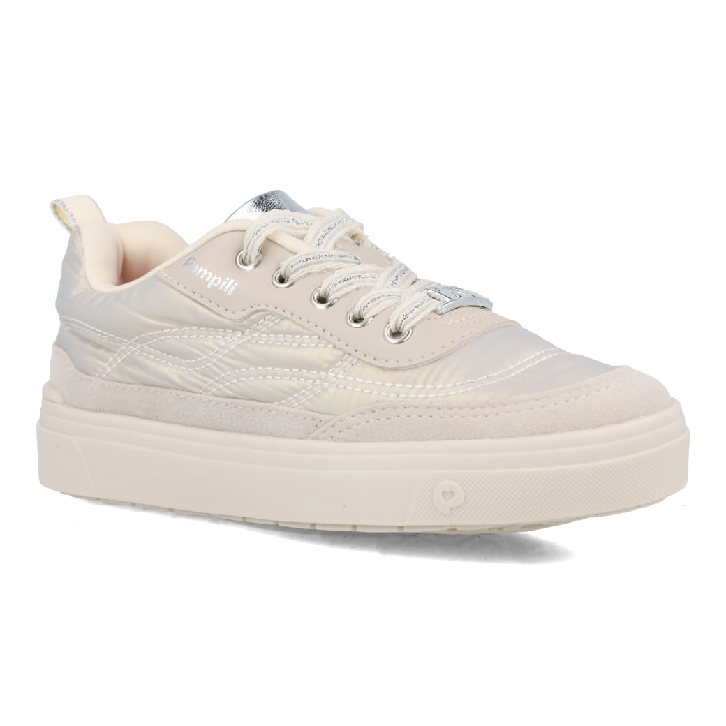 Tênis infantil Pampili Life branco vista lateral mostrando detalhes do cadarço e solado