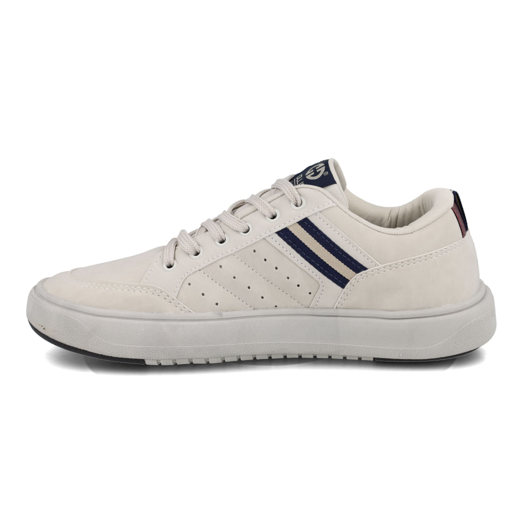 Tênis casual masculino off white Ollie modelo Astana3 vista lateral com detalhes em azul e marrom