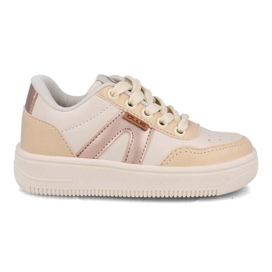 Tênis infantil Ollie Capri-f bege com detalhes em rose gold e sola grossa