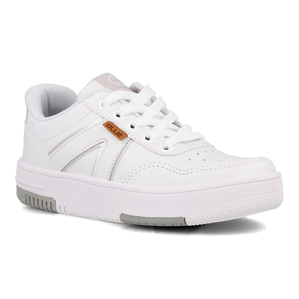 Tênis infantil Ollie Original Capri branco visto de lado com detalhes em cinza