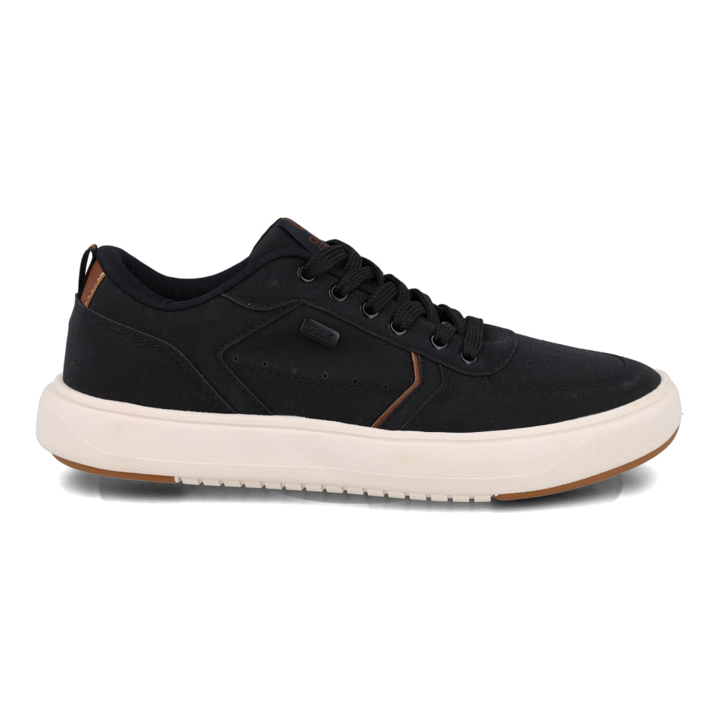 Tênis casual masculino preto com detalhes em marrom, couro sintético e sola branca com detalhes marrons