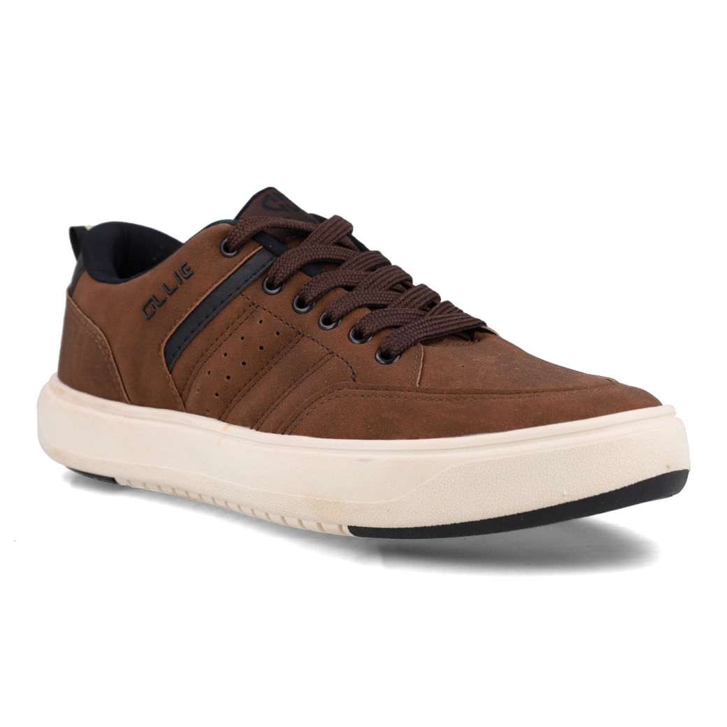 Tênis Ollie Monaco masculino marrom visto de lado com detalhes em preto e solado branco