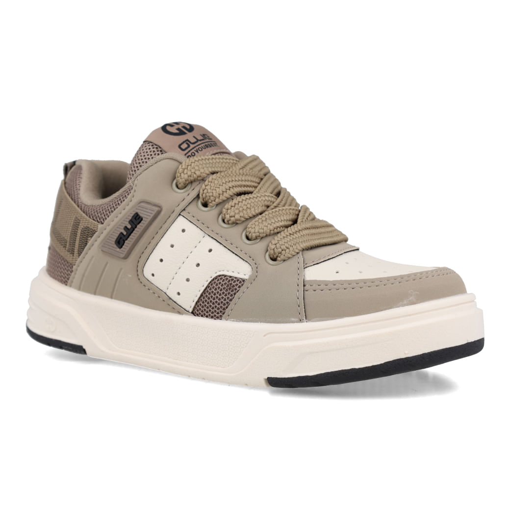 Vista lateral do tênis casual masculino Ollie Calçados Nitro2 cor taupe com sola branca e detalhes em preto