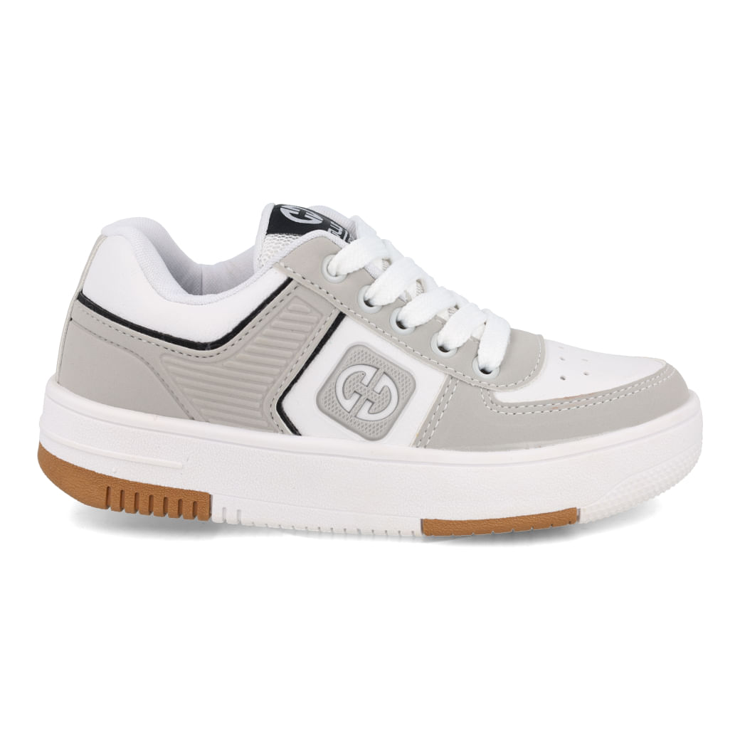 Tênis casual juvenil Ollie ProMax em cinza com detalhes em branco e preto, fechamento por cadarço e solado em borracha marrom