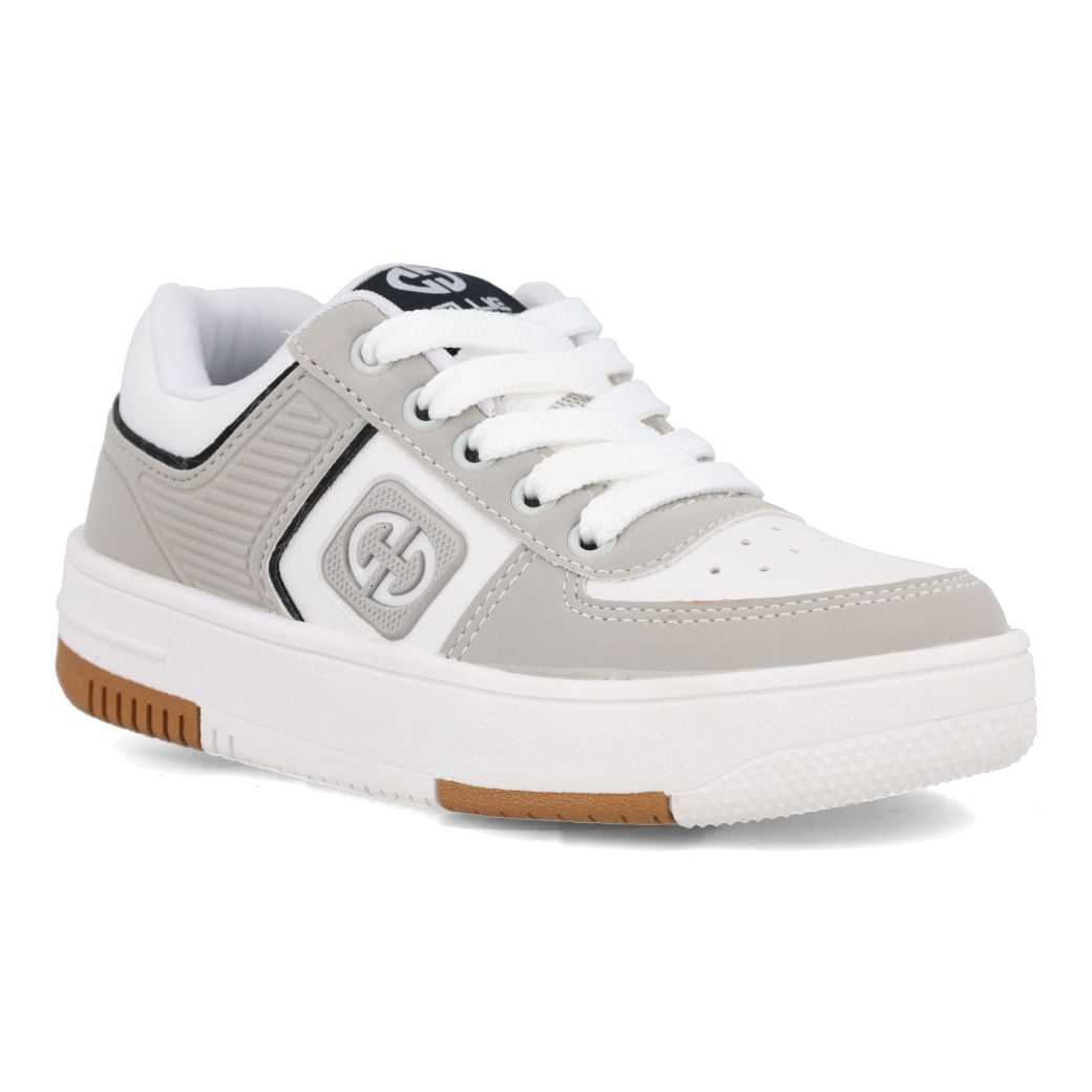 Tênis casual juvenil Ollie ProMax em cinza e branco com fechamento em cadarço e logo na lateral