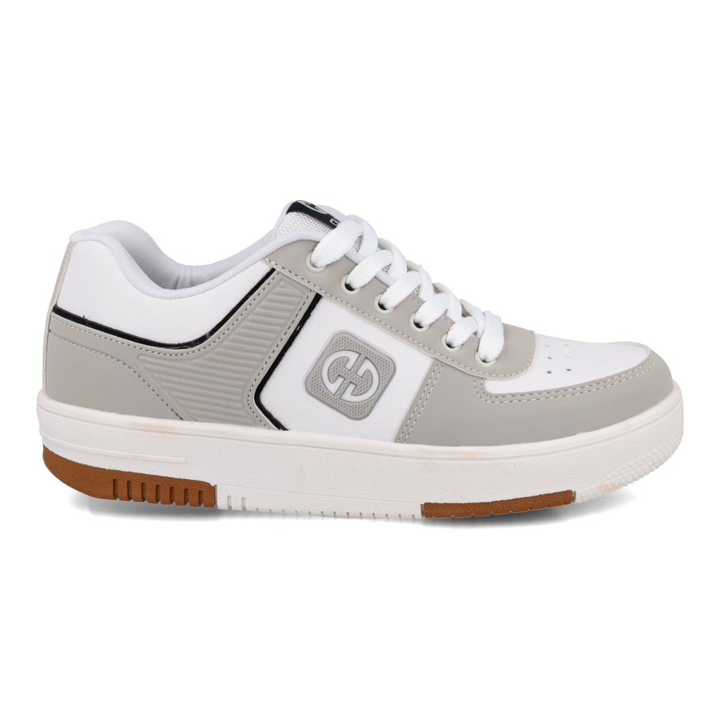 Tênis casual masculino cinza com detalhes em branco e logo GG, fechamento por cadarço e solado em borracha antiderrapante