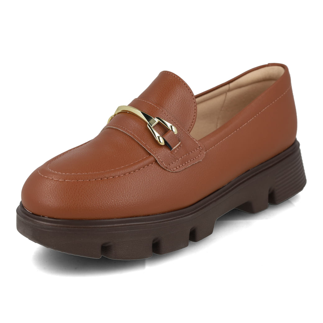 Sapato mocassim feminino marrom avelã vista lateral para ajuste e conforto