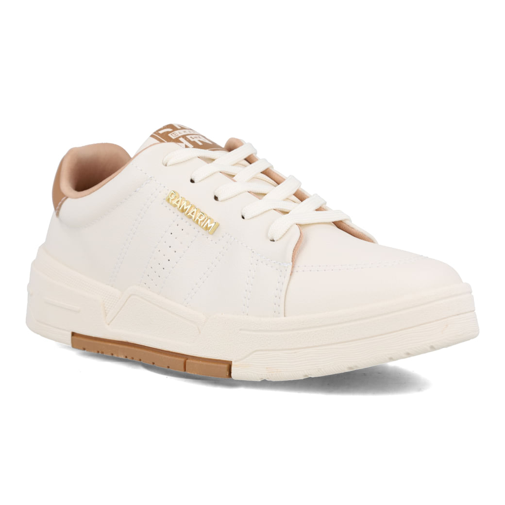 Vista lateral do tênis casual Ramarim feminino creme em material sintético com cadarço