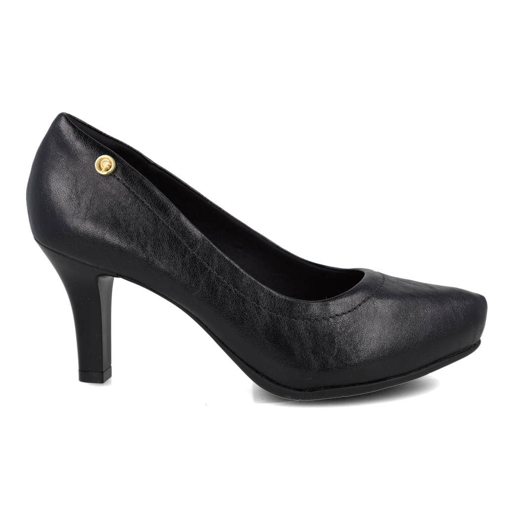Sapato casual Comfortflex Napa Shine Plus preto feminino, vista frontal com acabamento brilhante e salto alto fino