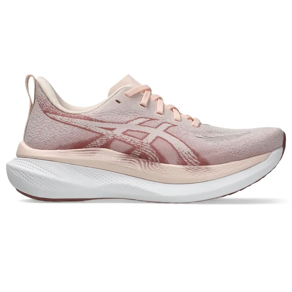 Tênis feminino Asics Glideride MAX 2 cor rosa, vista lateral esquerda em ângulo frontal com fundo branco