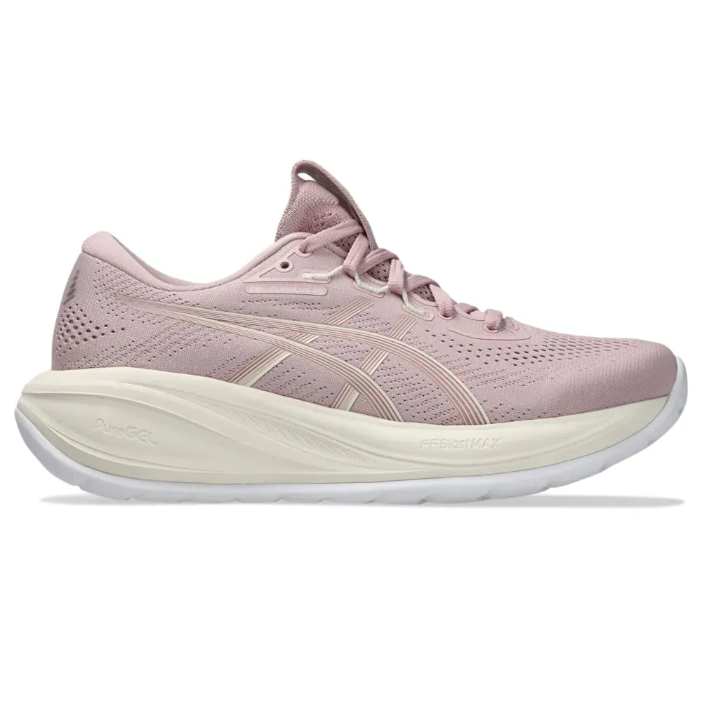 Tênis Asics Gel Cumulus 28 Feminino Rosa vista frontal com design respirável e solado branco