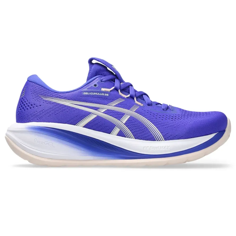 Tênis Asics Gel Cumulus 28 Feminino Azul em ângulo frontal mostrando design e fechamento com cadarço