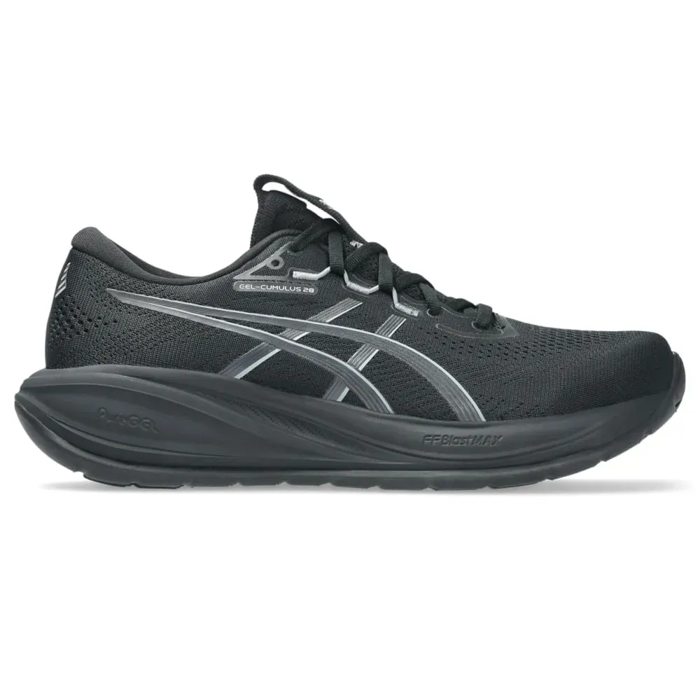 Tênis Asics Gel Cumulus 28 Masculino Preto em ângulo frontal mostrando detalhes do design