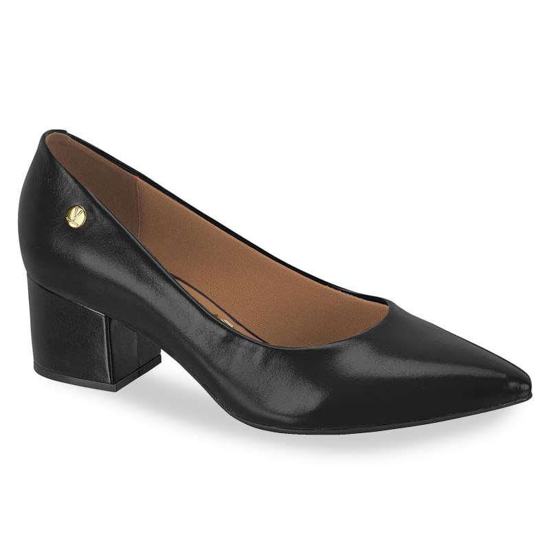 Scarpin Vizzano feminino preto com salto bloco, detalhe metalizado e bico fino