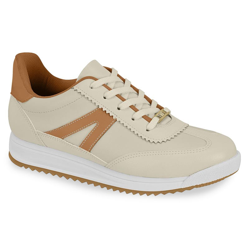 Tênis Vizzano Casual Retrô Feminino Bege mostrando lado direito com detalhes em couro e solado branco
