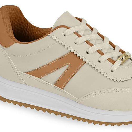 Tênis Vizzano Casual Retrô Feminino Bege vista lateral mostrando detalhes do cadarço e solado