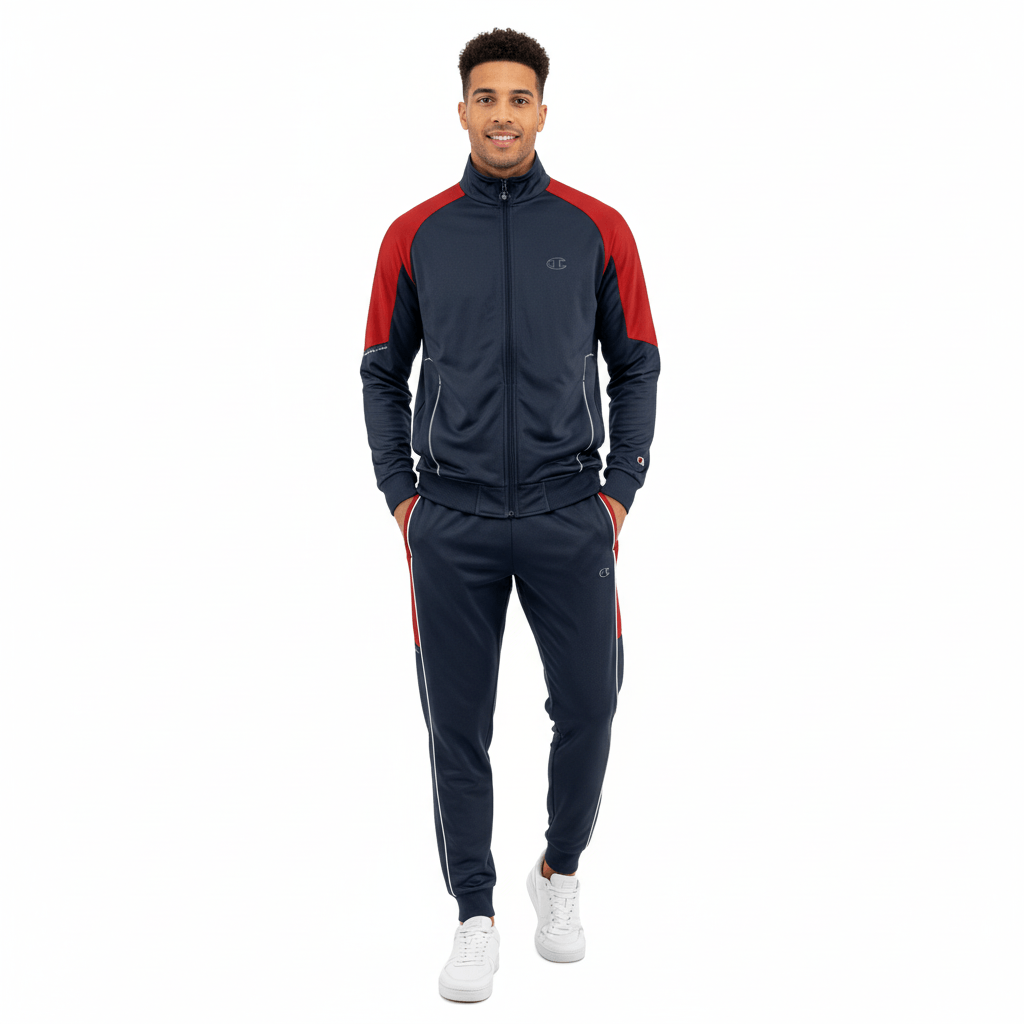 Conjunto agasalho Champion azul navy masculino com calça e jaqueta, detalhes em vermelho e logo Champion