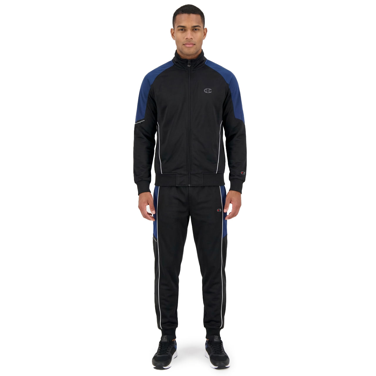 Conjunto agasalho Champion masculino preto com detalhes em azul vista frontal