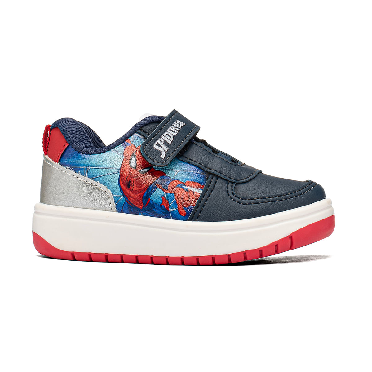 Tênis infantil masculino azul com estampa do Homem Aranha, fechamento em velcro e solado vermelho
