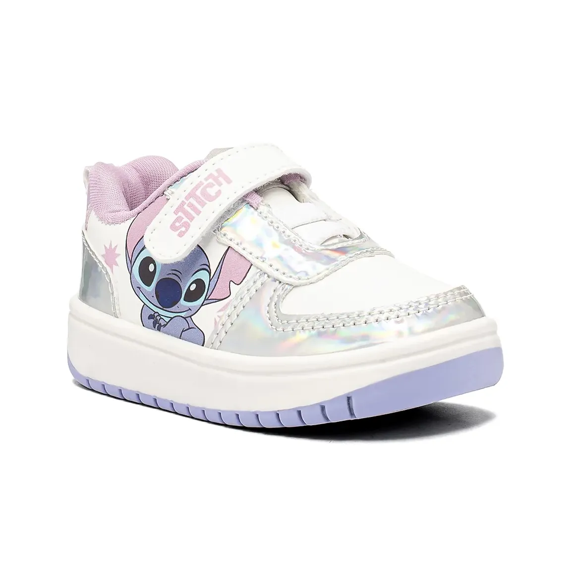 Tênis infantil branco com detalhes do personagem Stitch, vista lateral mostrando fechamento em velcro