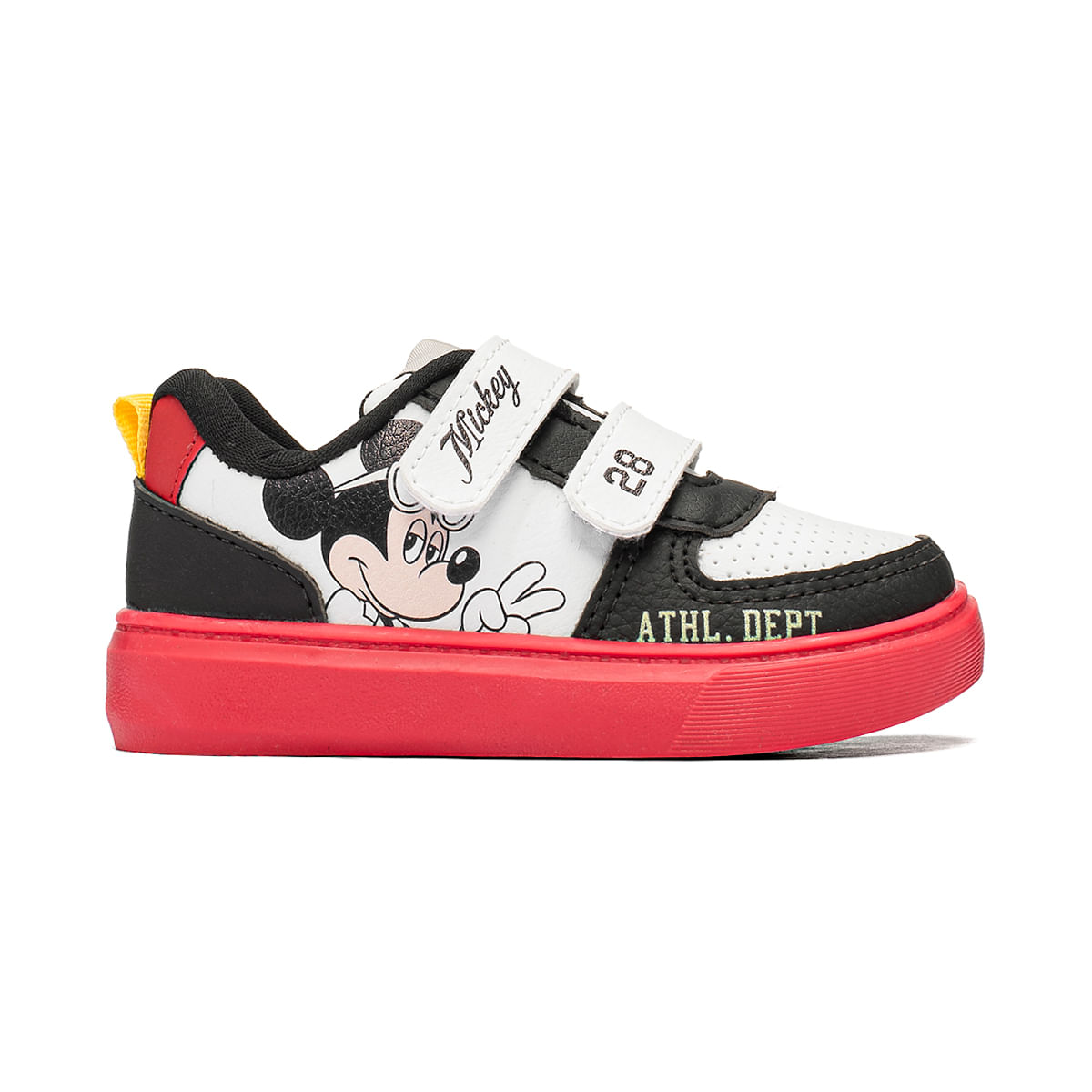 Tênis infantil Dyan Mickey vista superior com detalhes em vermelho e fechamento em velcro