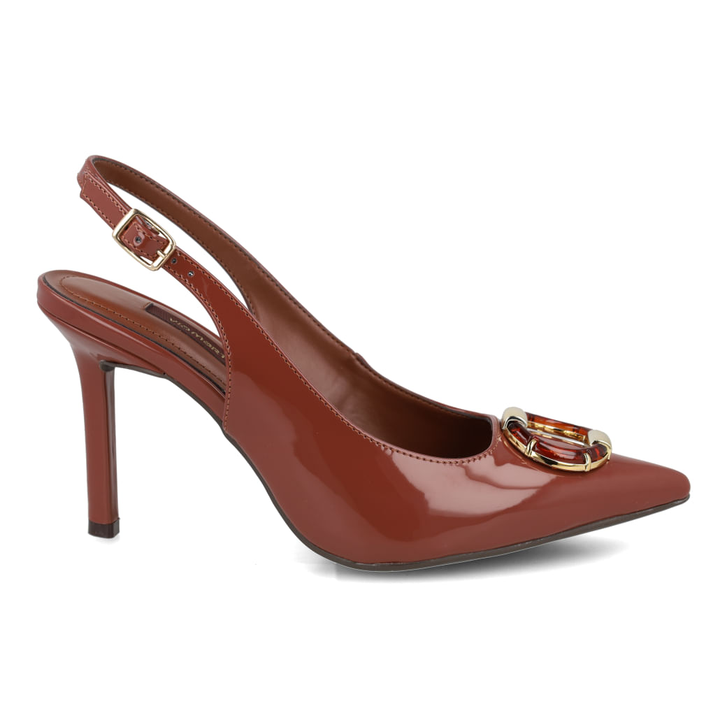 Sapato feminino Via Marte slingback em verniz marrom com salto médio e bico fino