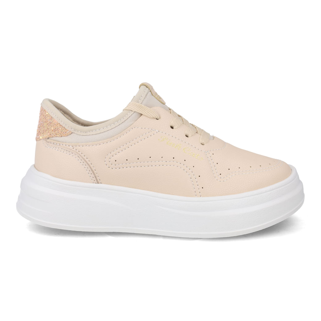 Tênis infantil Pink Cats cor creme com detalhes dourados, sola branca e fechamento por cadarço