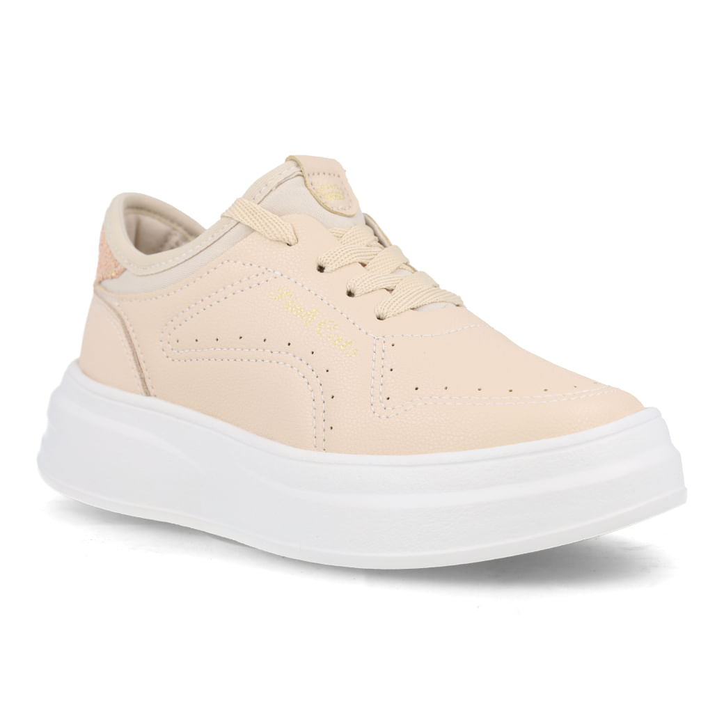 Tênis infantil Pink Cats creme com detalhes dourados visto de outro ângulo, mostrando sola branca e cadarço