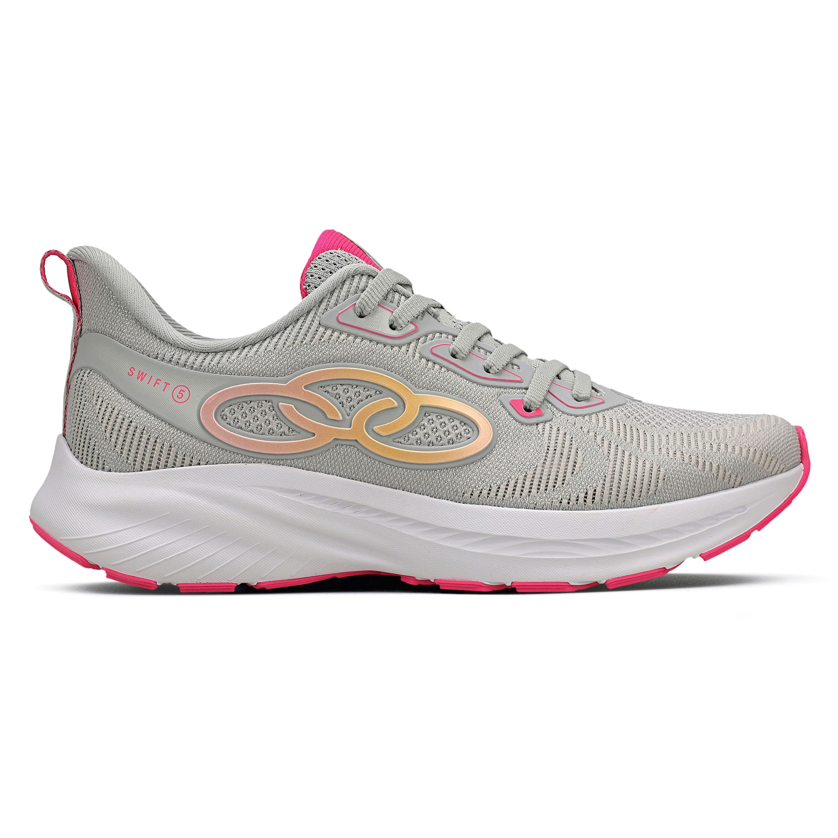 Tênis Olympikus Swift 5 Feminino Cinza mostrando lateral esquerda com detalhes em rosa e amarelo