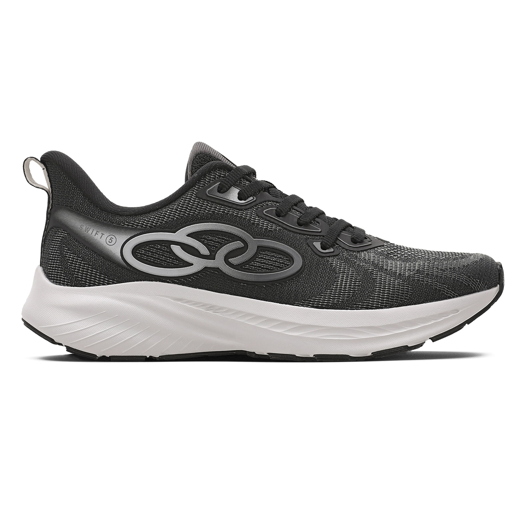 Tênis Olympikus Swift 5 Feminino Preto, vista lateral direita com detalhes do cadarço e logotipo