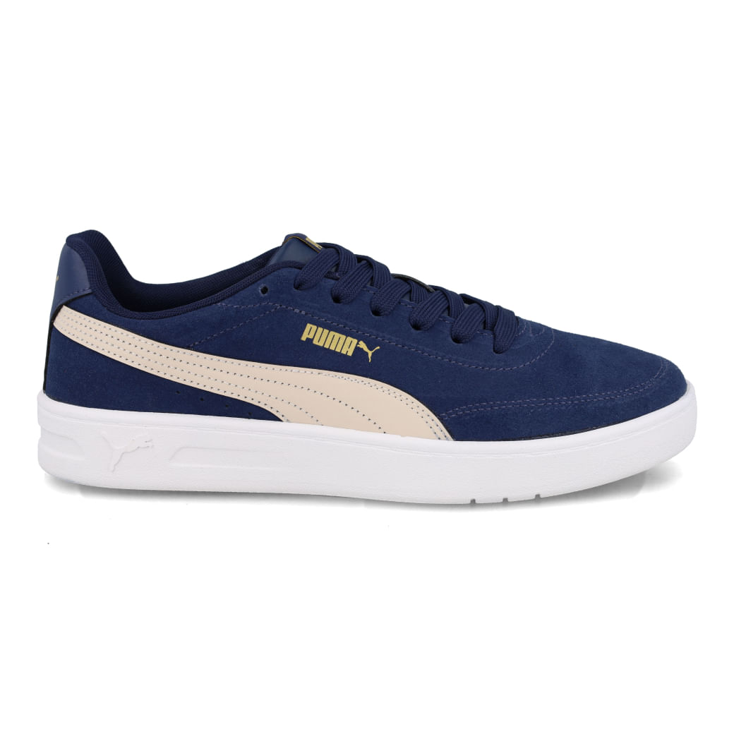 Tênis Puma Court Classic Clean masculino azul com detalhes em branco e dourado, design casual e moderno