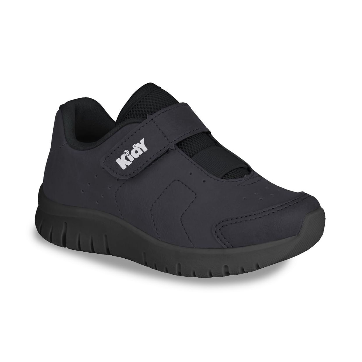 Tênis casual masculino Kidy preto com detalhes em branco e logo na lateral, fechamento em velcro e solado em borracha