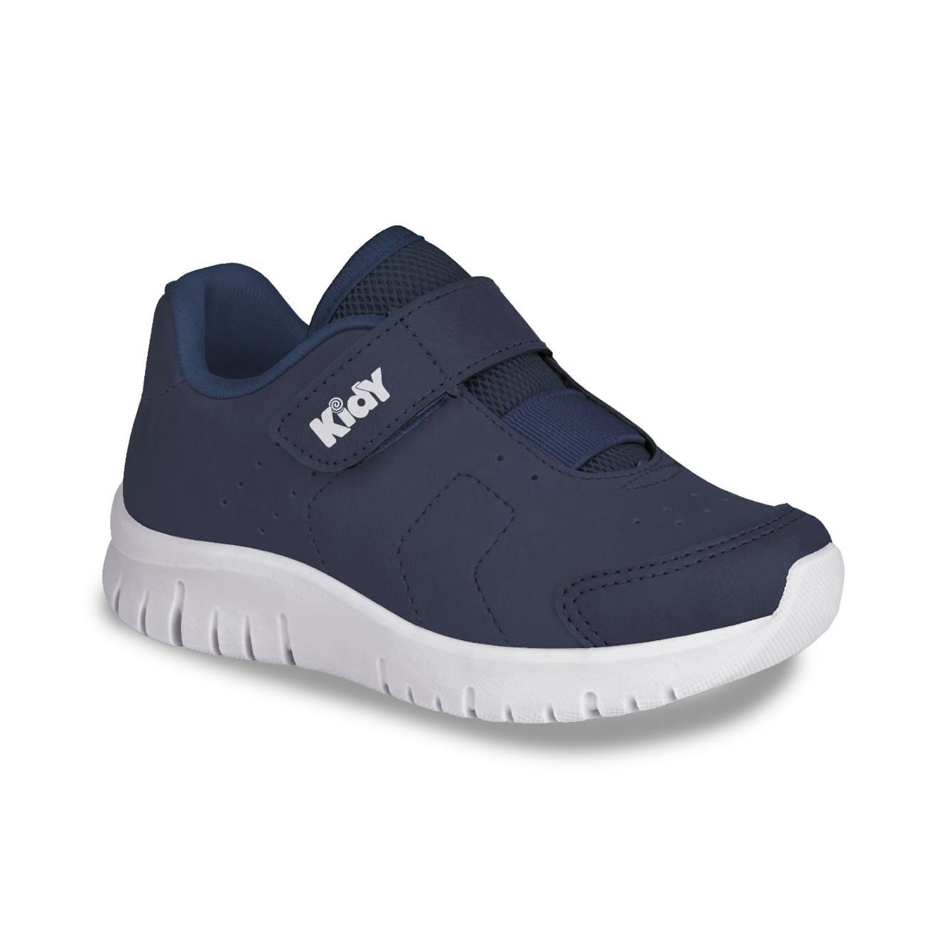 Tênis casual masculino Kidy na cor marinho com fechamento em velcro e solado branco mostrado de lado