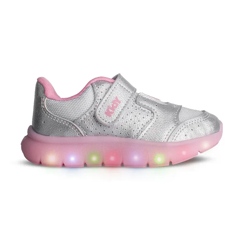 Tênis infantil Kidy prata com luzes multicoloridas no solado, fechamento em velcro e cadarço