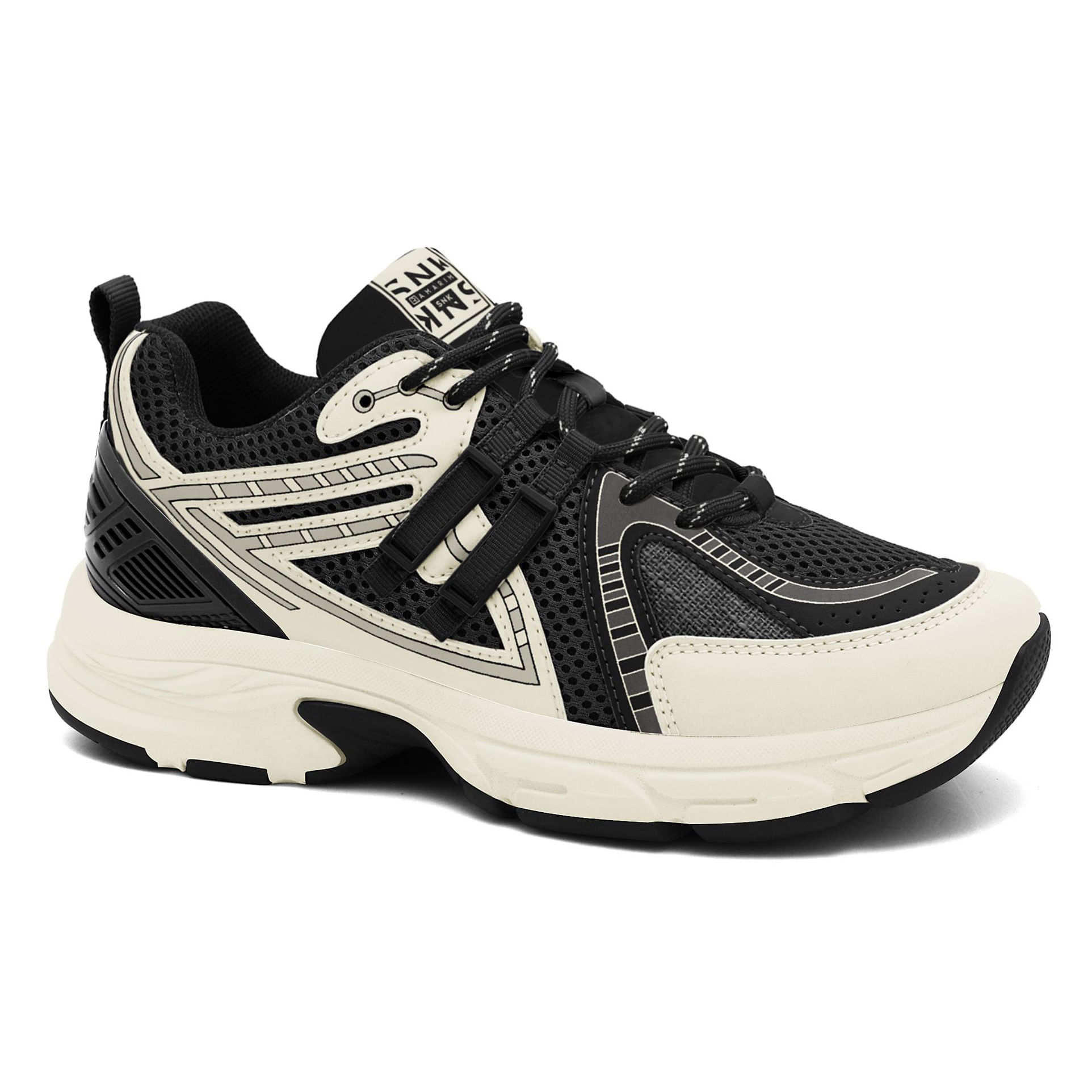 Tênis casual feminino preto com sola grossa e design de grade visto de frente