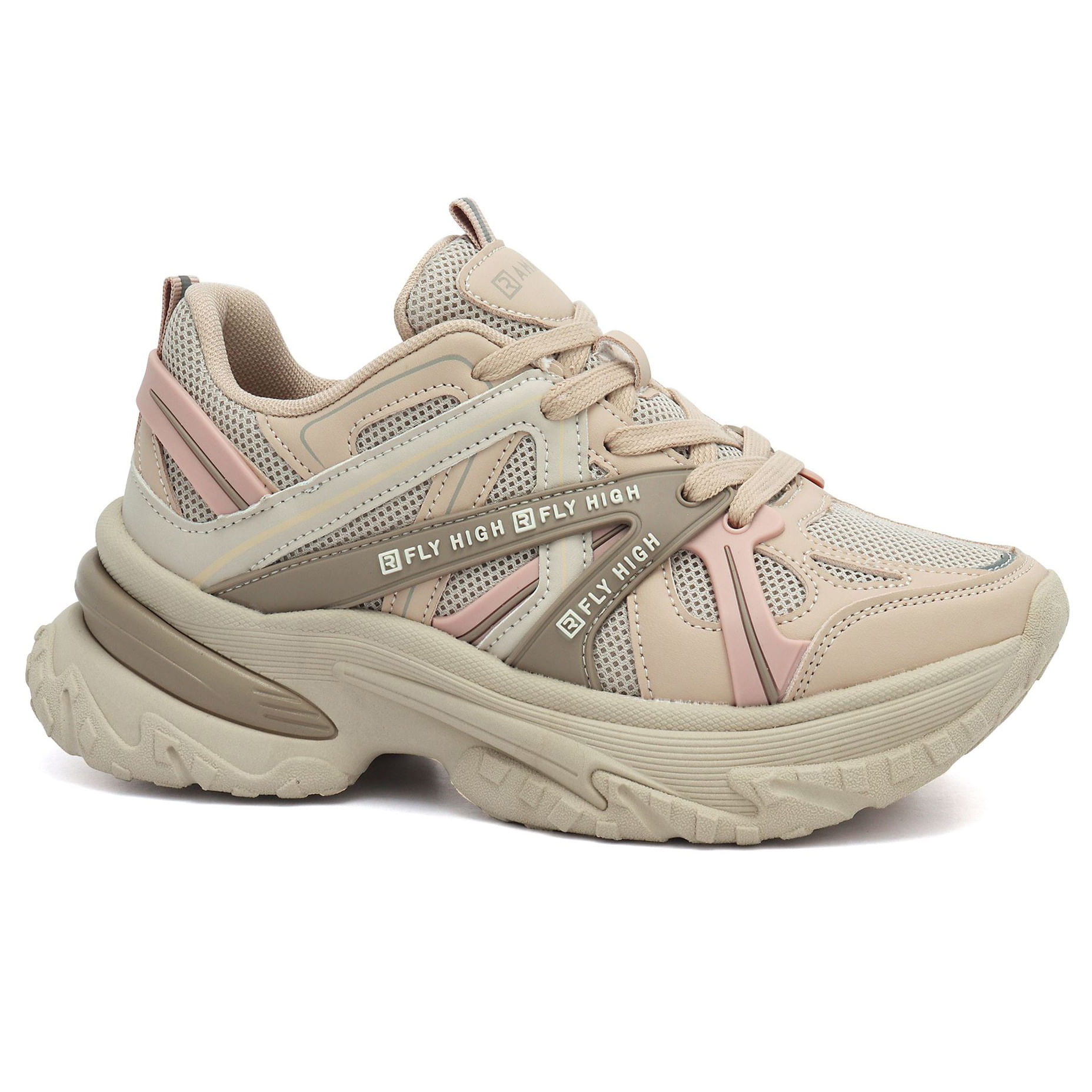 Tênis casual feminino bege com detalhes em mesh e estampa 'FLY HIGH', visto de frente