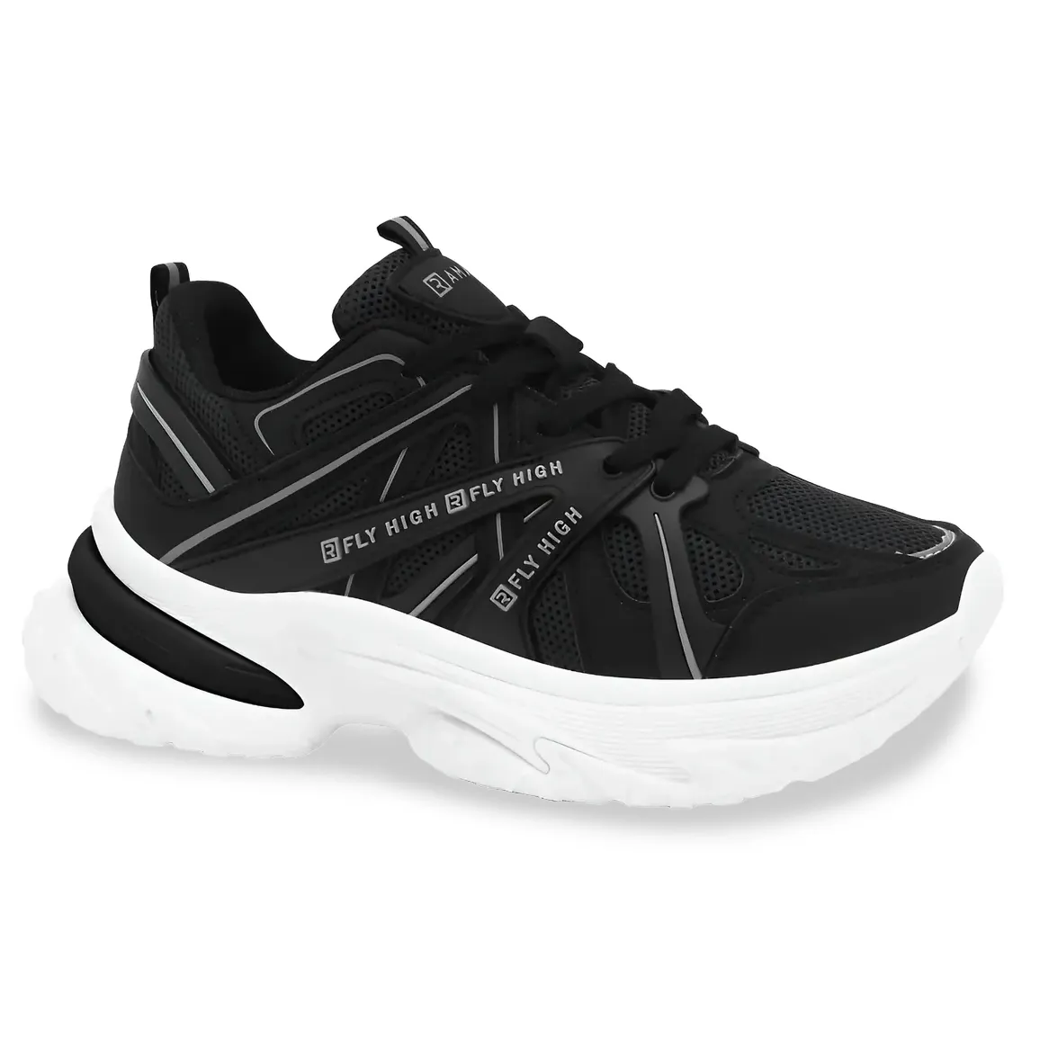 Tênis casual feminino Ramarim preto visto de lado mostrando detalhes