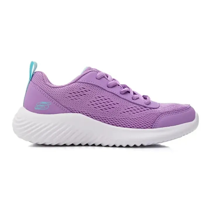 Tênis infantil Skechers lilás com solado branco e detalhes em turquesa, design respirável e fechamento por cadarço