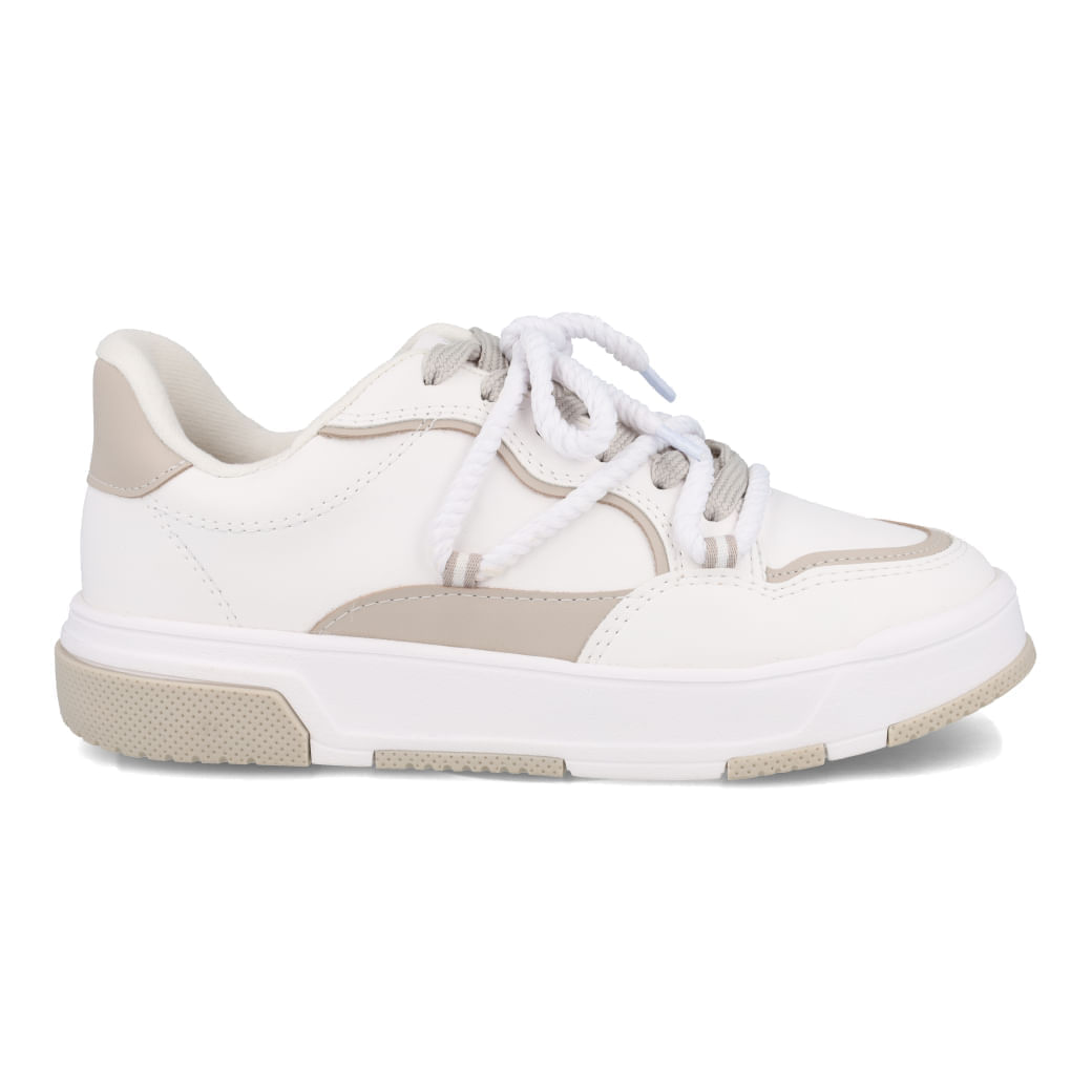Tênis feminino Vizzano branco com cadarço tipo corda, detalhes em cinza e solado robusto, vista lateral em fundo claro.