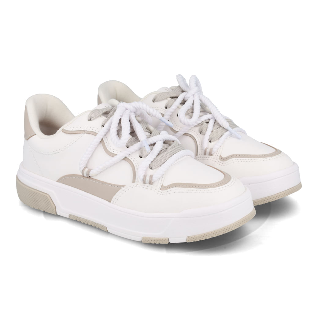 Imagem lateral do tênis Vizzano feminino branco com detalhes bege e cadarço de corda.