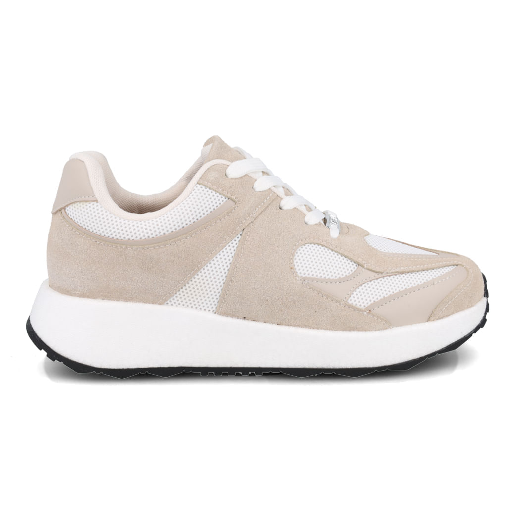 Tênis casual feminino branco Vizzano com detalhes em off-white e cinza, vista frontal com cadarços brancos