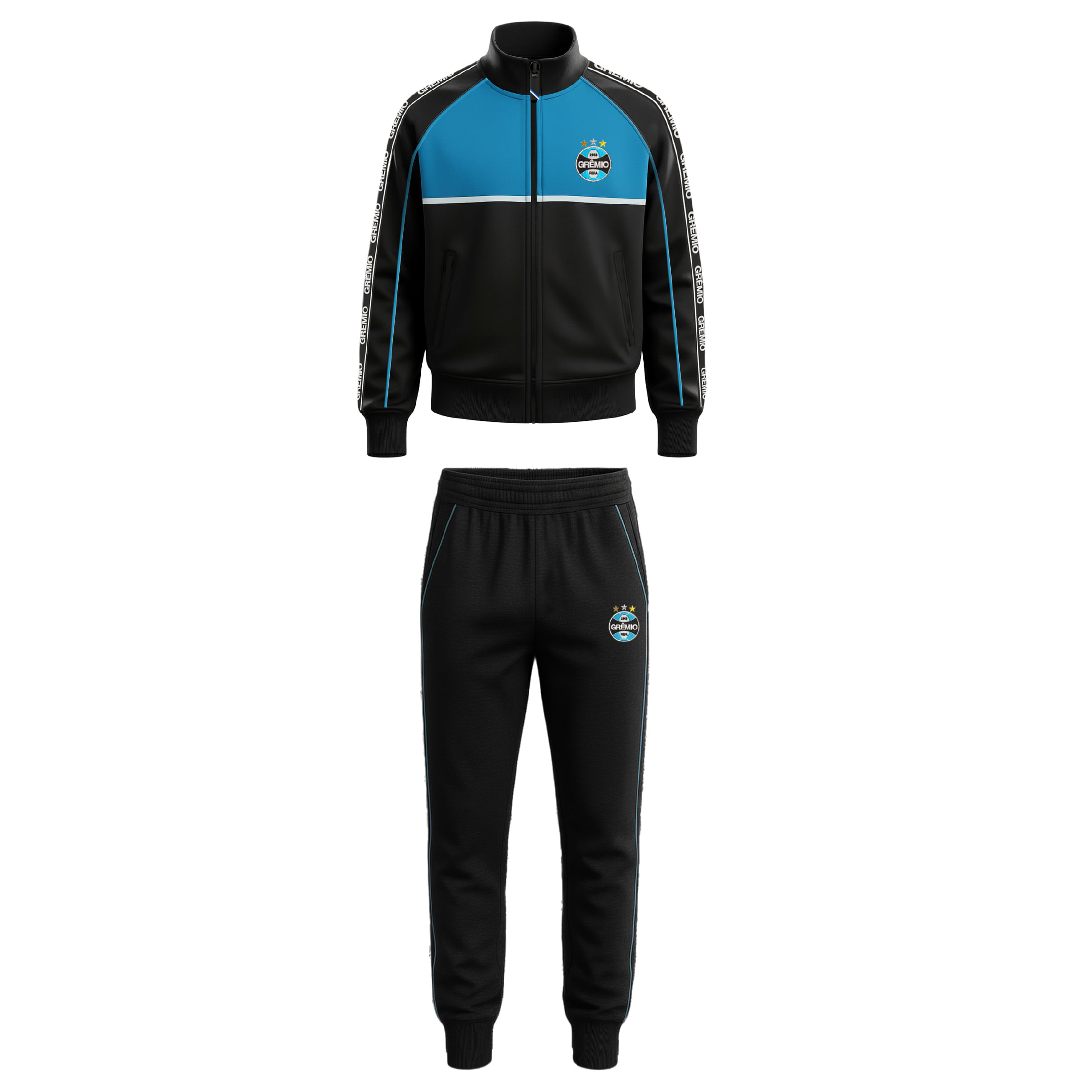 Conjunto infantil de agasalho Lotus Grêmio azul com jaqueta e calça, detalhes do time bordados