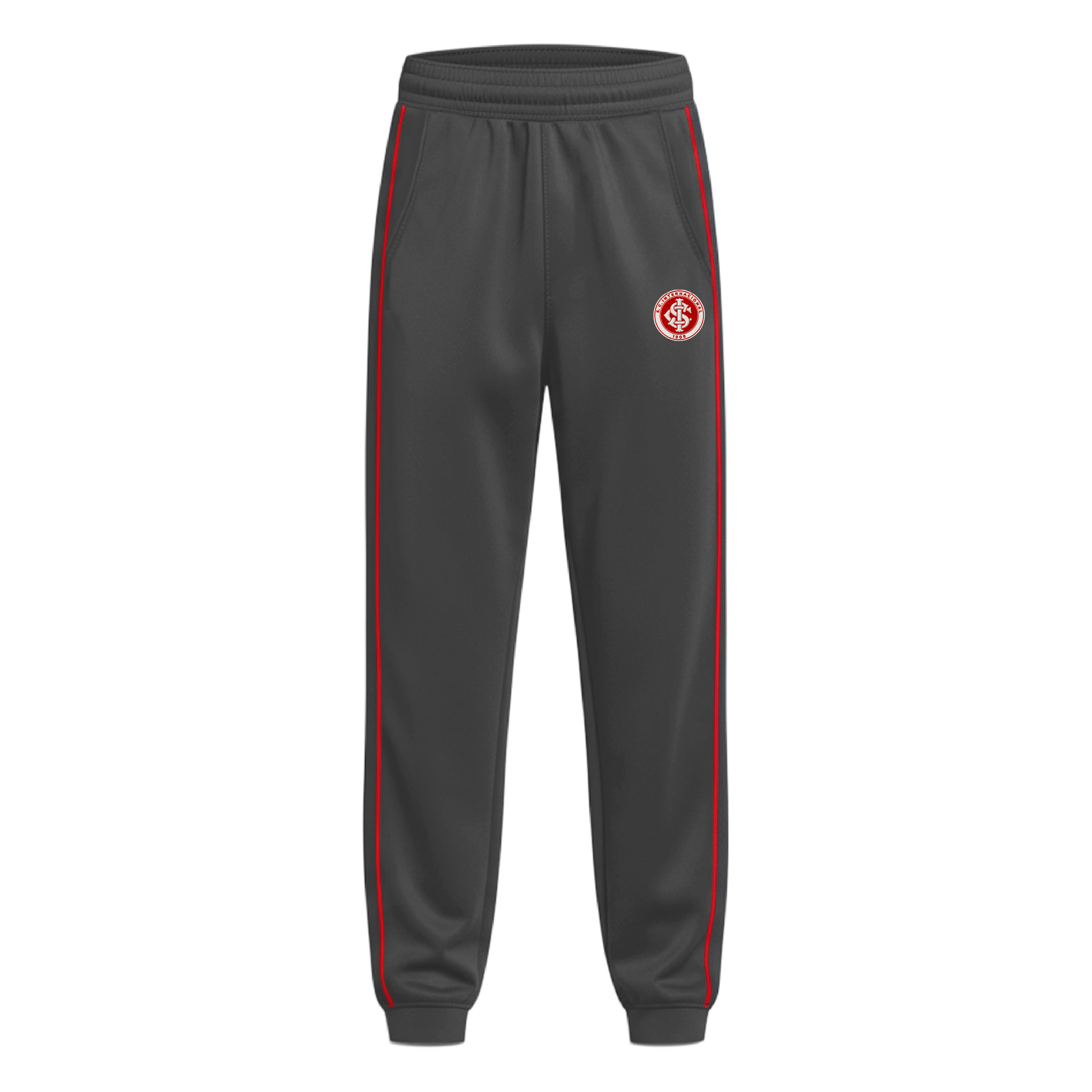 Calça infantil cinza com detalhes vermelhos e logo do SC Internacional